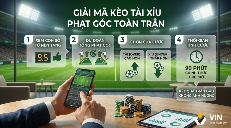 Kèo Tài Xỉu phạt góc toàn trận là hình thức cược dựa trên tổng số quả phạt góc trong 90 phút, với hướng dẫn 4 bước đặt cược Over/Under mốc 9.5 dễ thao tác trên điện thoại và máy tính bảng