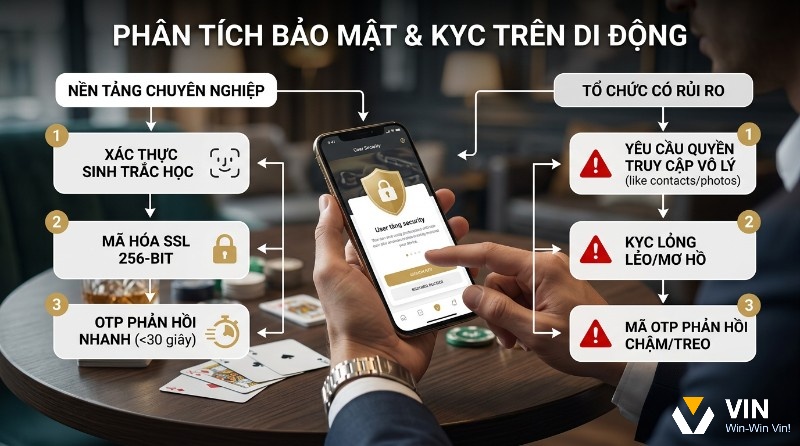 Phân tích bảo mật và KYC di động: Nền tảng tốt: sinh trắc học, SSL, OTP nhanh. Xấu: quyền vô lý, KYC lỏng lẻo, OTP chậm