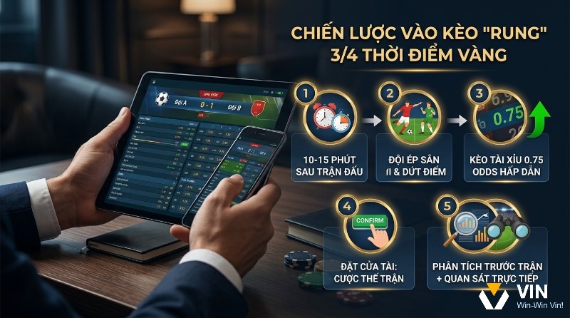 Chiến lược vào kèo rung 3/4 thời điểm vàng, 10-15 phút sau trận, đội ép sân, kèo tài xỉu 0.75 odds hấp dẫn, đặt cửa Tài dựa trên phân tích và quan sát trực tiếp
